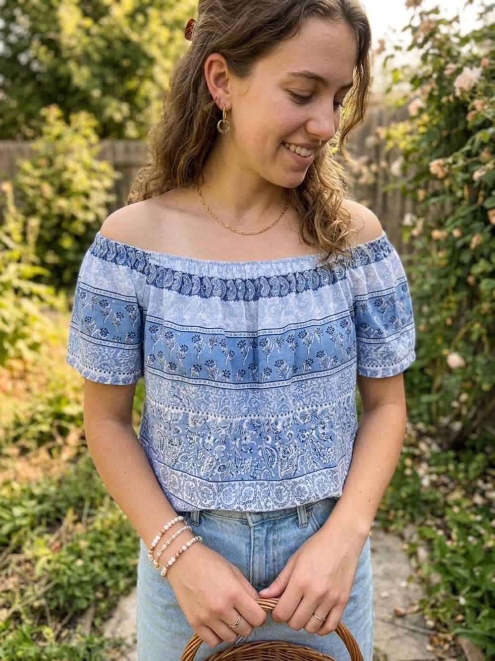 beachlunchlounge Light Blue Floral Off-Shoulder Crop Top
